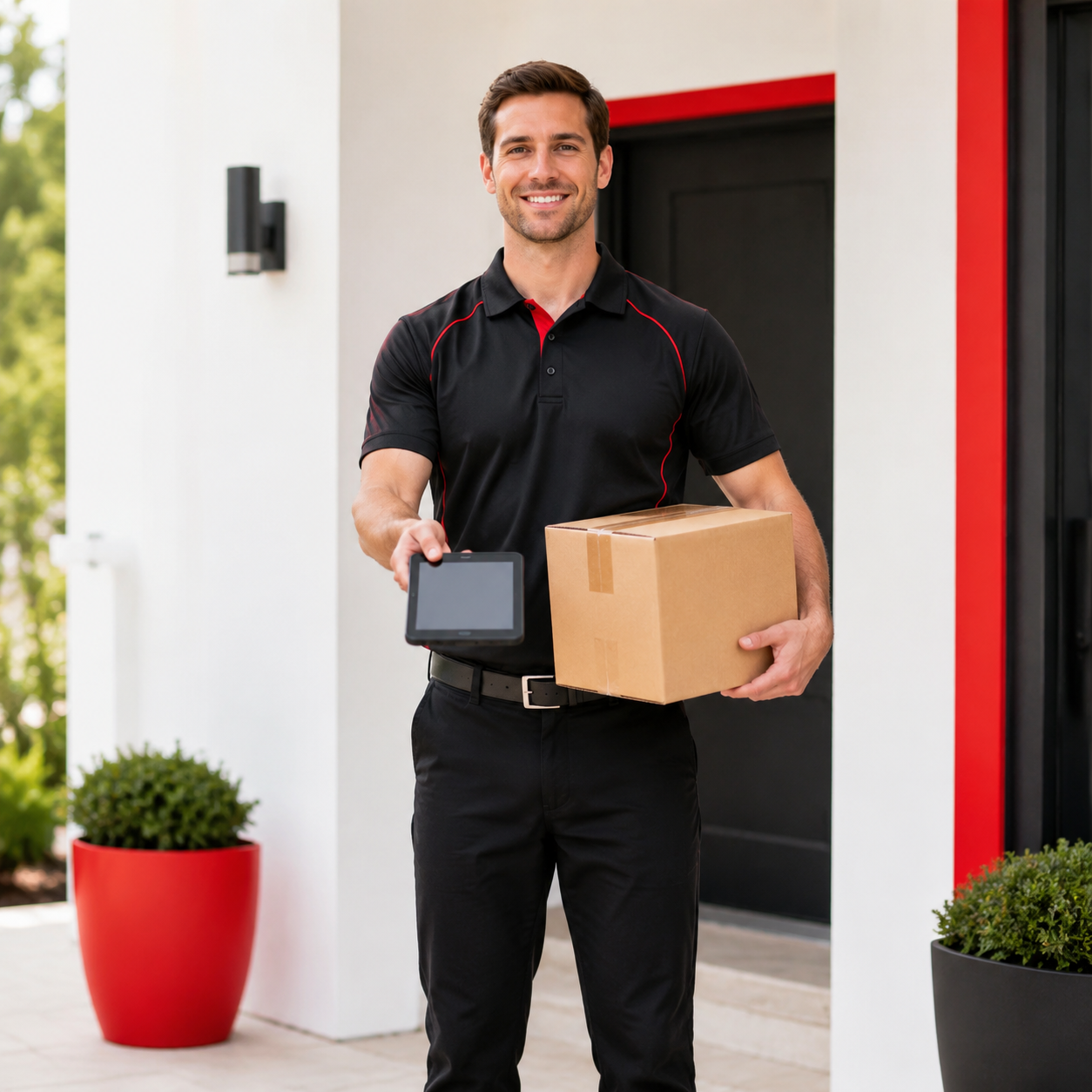 Courier delivering a box and presenting a tablet for signature